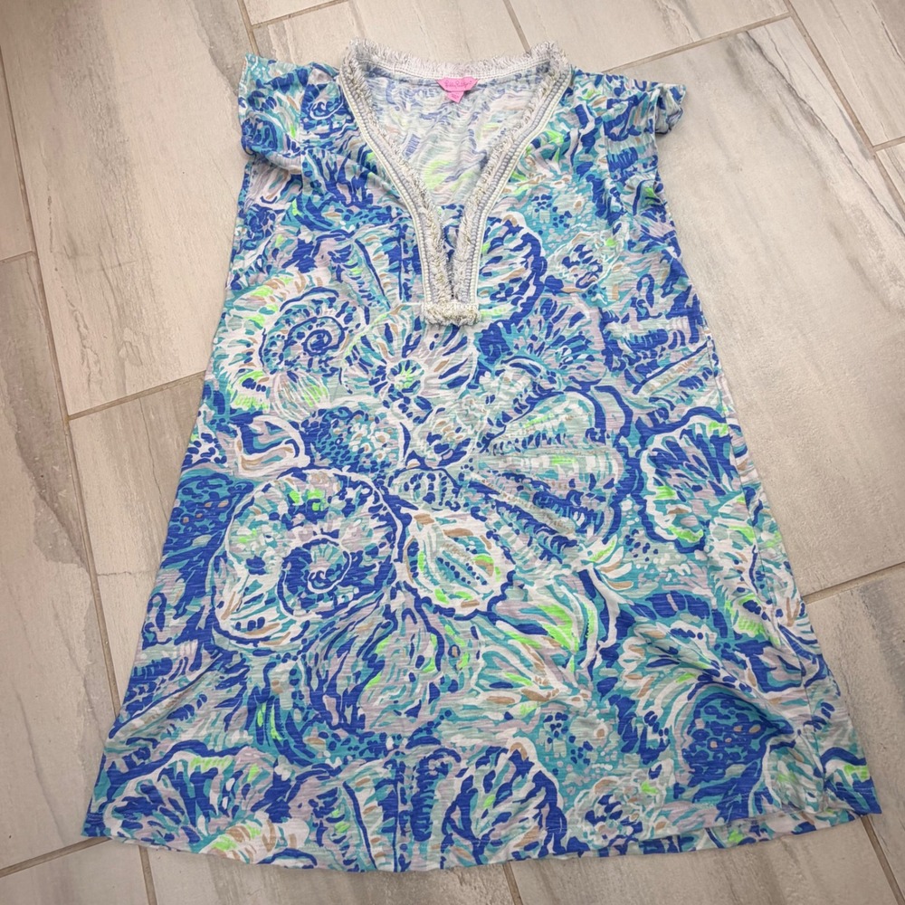 Lilly Pulitzer Blue Green Seashell Soutache Cotton Modal T-Shirt Dress M